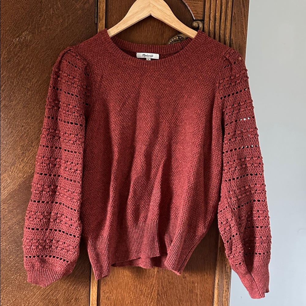 Madewell Rust Crochet Crew Neck Sweater Puffy Sleeves Small Cotton Wool blend